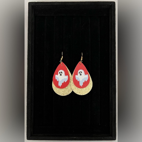 NEW Painted Ghost Glitter PU Leather Teardrop Earrings - Picture 2 of 2
